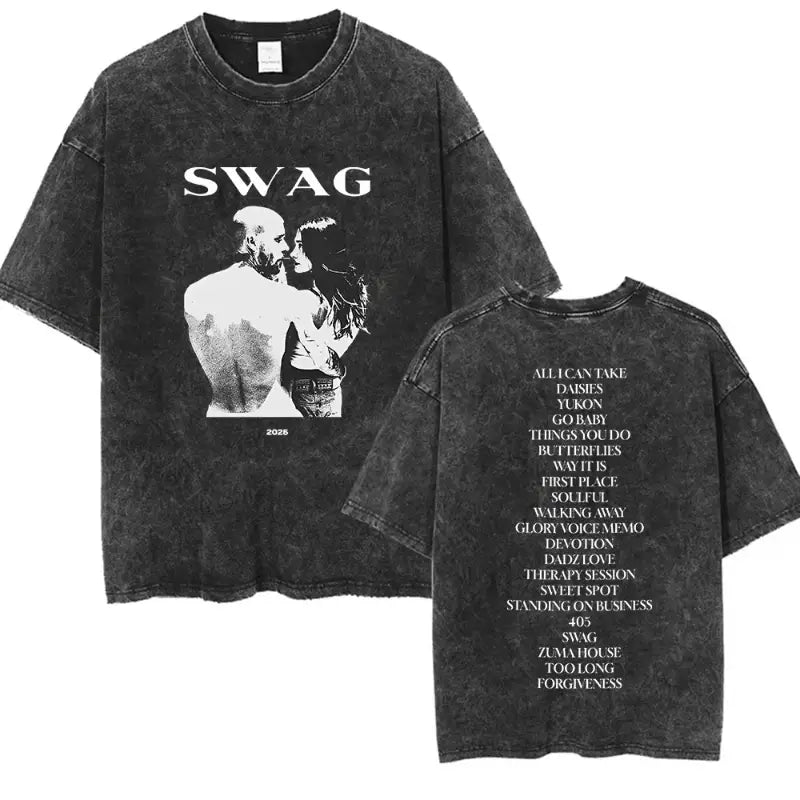 Rapper Justin Bieber SWAG Album 2025 Vintage Washed Graphic T-Shirt Woman’s Hip Hop Loose Fashion Short Sleeve Streetwear