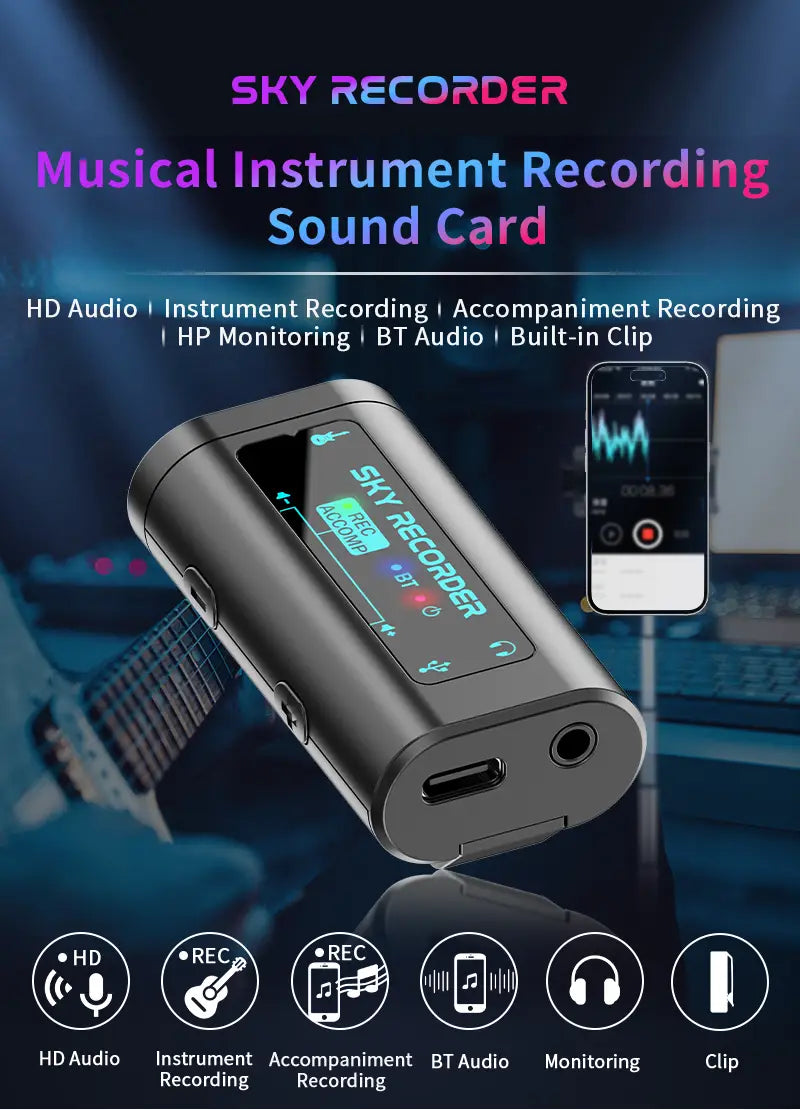 Portable HD Audio Interface - USB-C Multi-System Compatible for Guitar Recording & Streaming