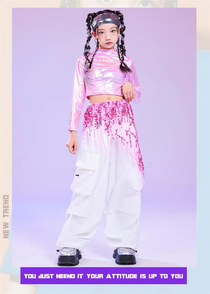 Pink Hip Hop Costume Girl Long Sleeve Laser Crop Top Shirt White Pant Sequin Hip Scarf Kids Stage Clothes Glitter Metallic Shiny