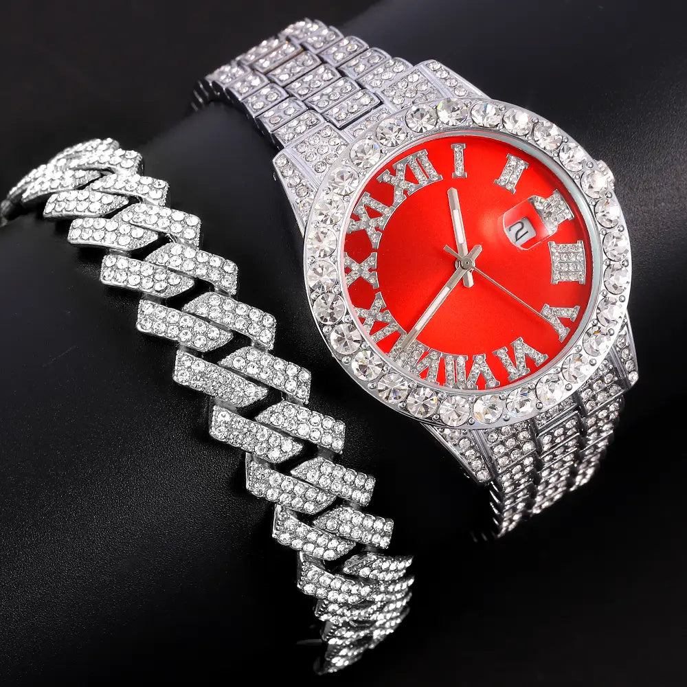 Exquisite Necklace + Watch + Bracelet Hip Hop Rapper Cuban Chain Gold Color Iced Out Paved Rhinestone Men African Jewelry Set New