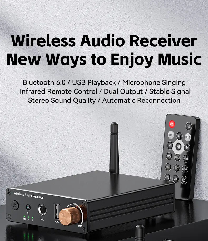 Bluetooth-compatible 6.0 Audio Receiver 3.5mm AUX RCA USB 6.5MM Microphone Music Wireless Adapter with Remote Control for TV PC
