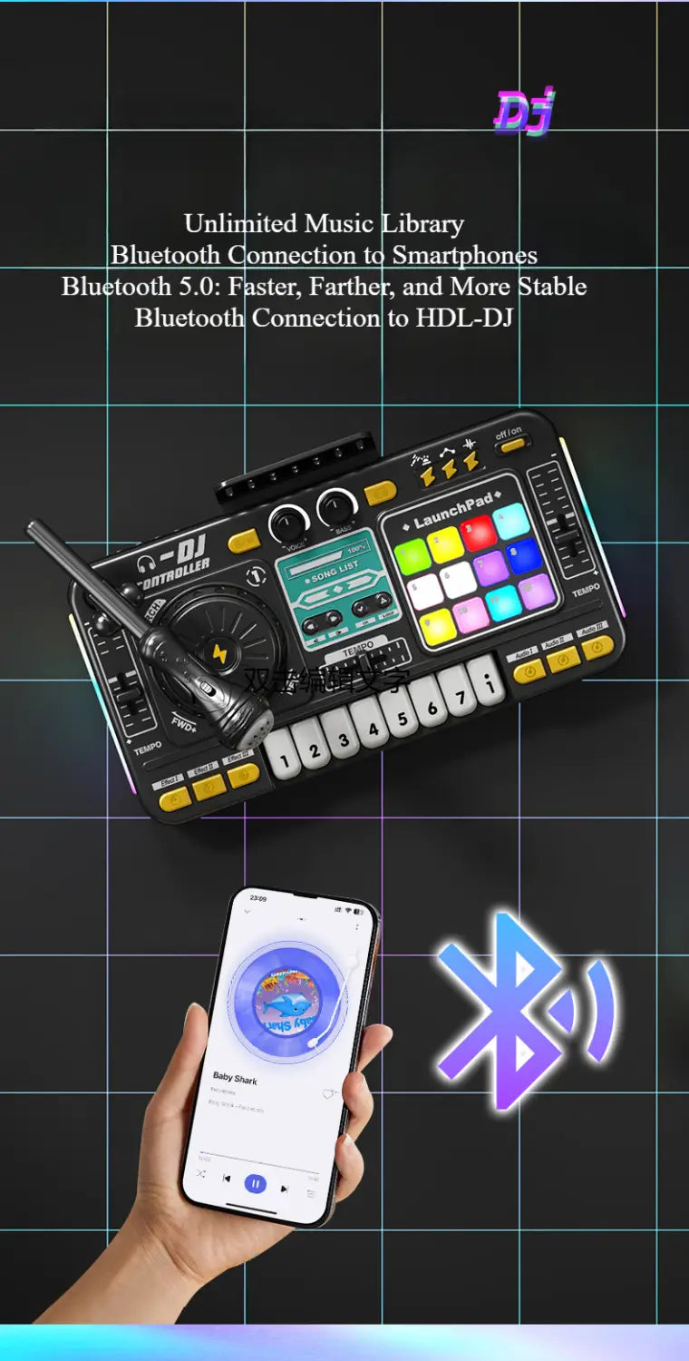 Kid DJ Mixer with Microphone Electronic Piano Keyboard Bluetooth DJ Turntable Controller Musical Instrument Kid Birthday Gift