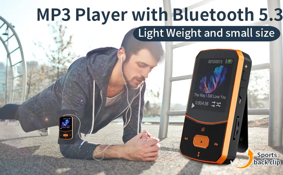 RUIZU X52 Orange MP3 Player Bluetooth Sport with Clip 1.5” TFT Color Display support up to 128GB TF Card FM Radio,Pedometer
