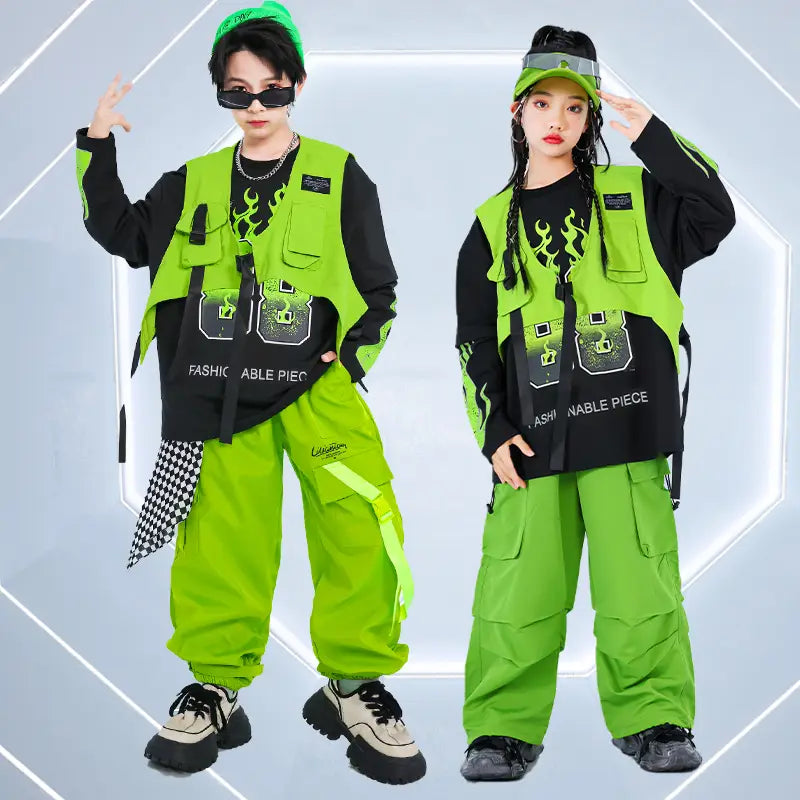 Korean Teenager Hiphop Rapper Clothes Outfit Top And Bottom Clothes Set Children Hip Hop Style Streetwear Costume Stage Wear Boy