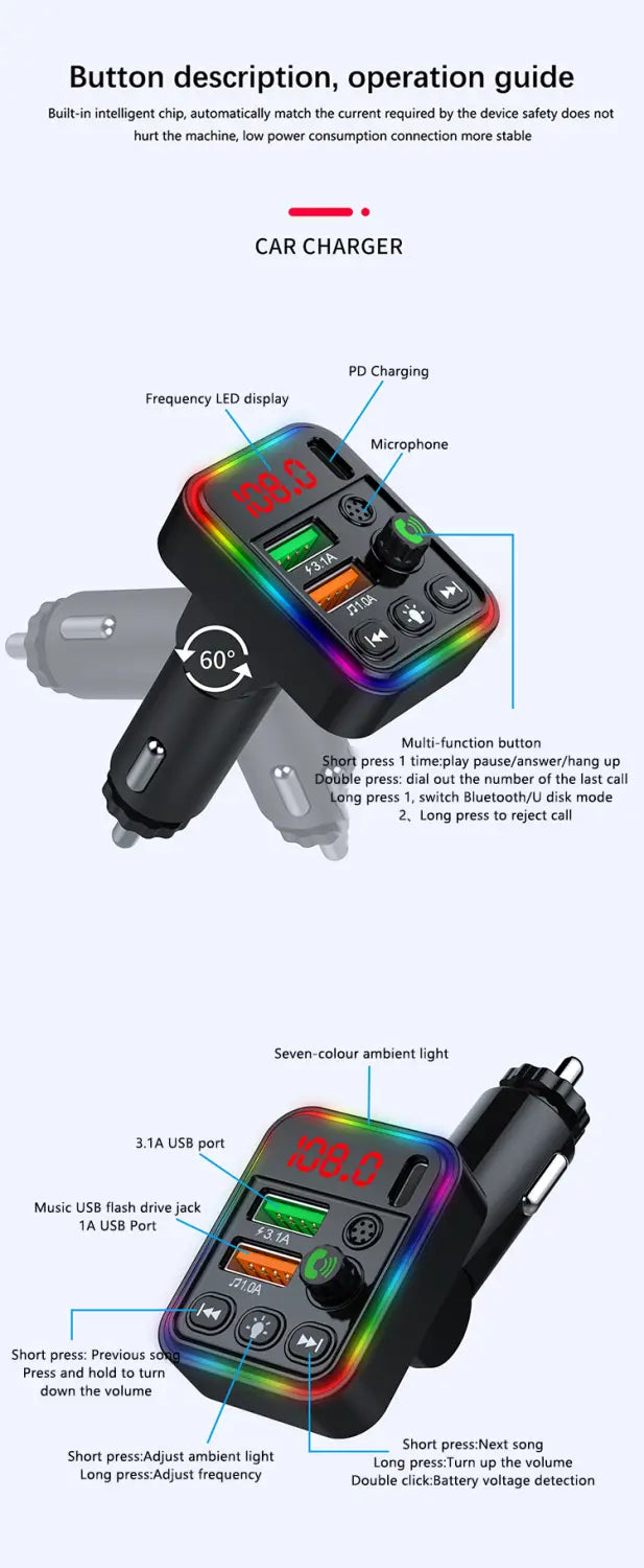 Car Bluetooth Adapter Type-C PD USB Car Quick Charger 5.3 FM Transmitter MP3 Music Player Handsfree Calling Audio Car Adapter