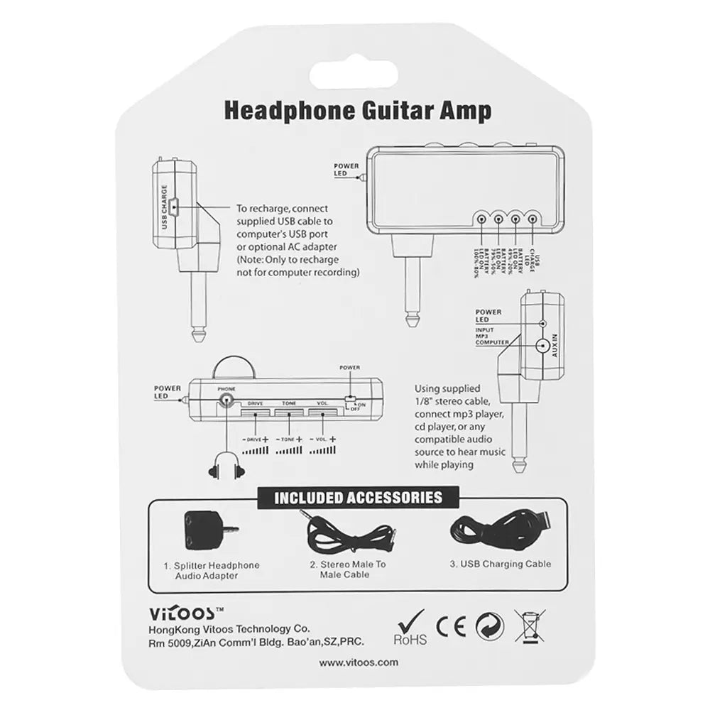VITOOS Electric Guitar Plug Mini Headphone Amp Amplifier Heavy Rock Compact Portable