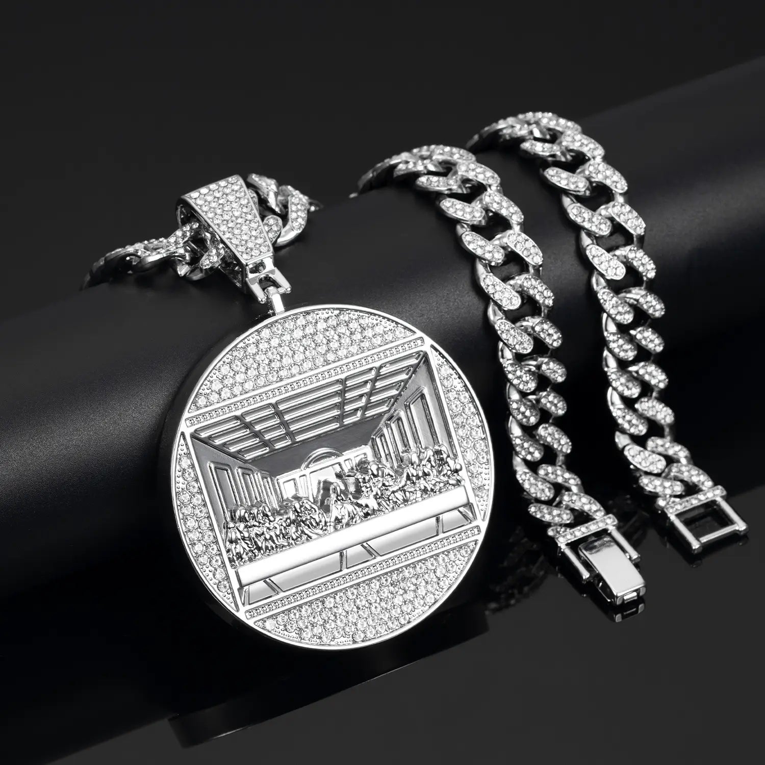 Hip Hop Last Supper Round Pendant Necklace Ice Crystal High Quality 13MM Cuban Chain Rap Jewelry Men and Women Gift