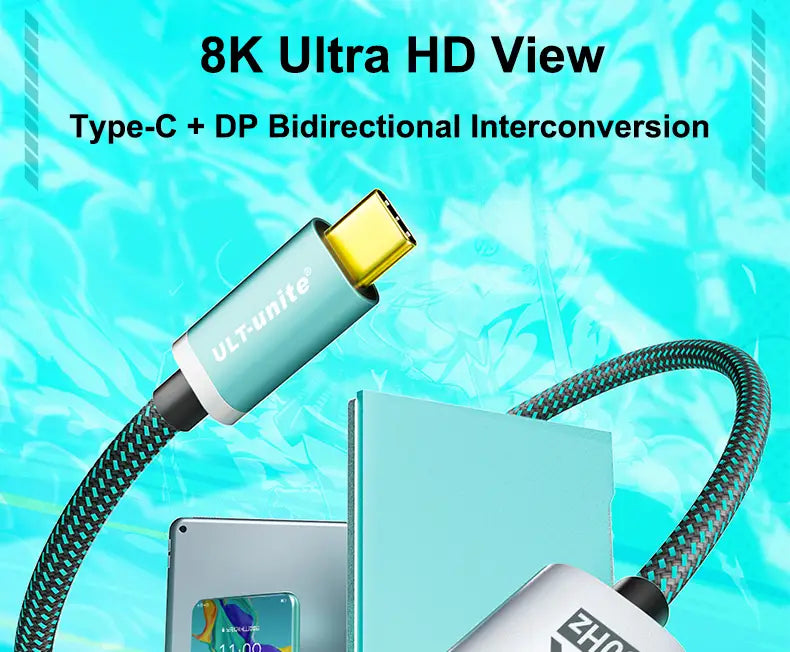 8K DP to Type C Cable Bidirectional USB C to Displayport 1.4 for iPhone 15 Macbook Pro iPad iMac Compatible Thunderbolt 3/4