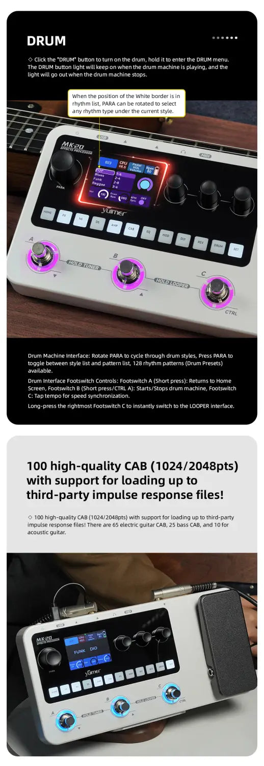 Yuimer MK-20 Multi-Effects Processor Pedal with Drum Machine Tuner and Looper Pedal USB Audio/for Guitar/Bass