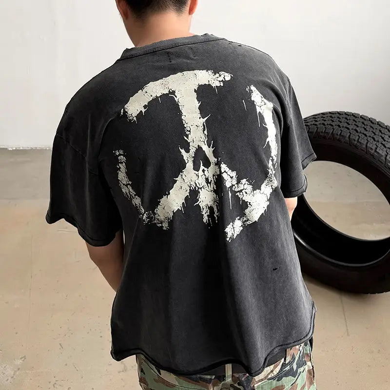 Hip Hop Classic Logo Print Vintage Washed T-Shirt Men Women Unisex HELL WAS FULL SO I’M BACK T Shirt Oversized Damaged Hole Tee