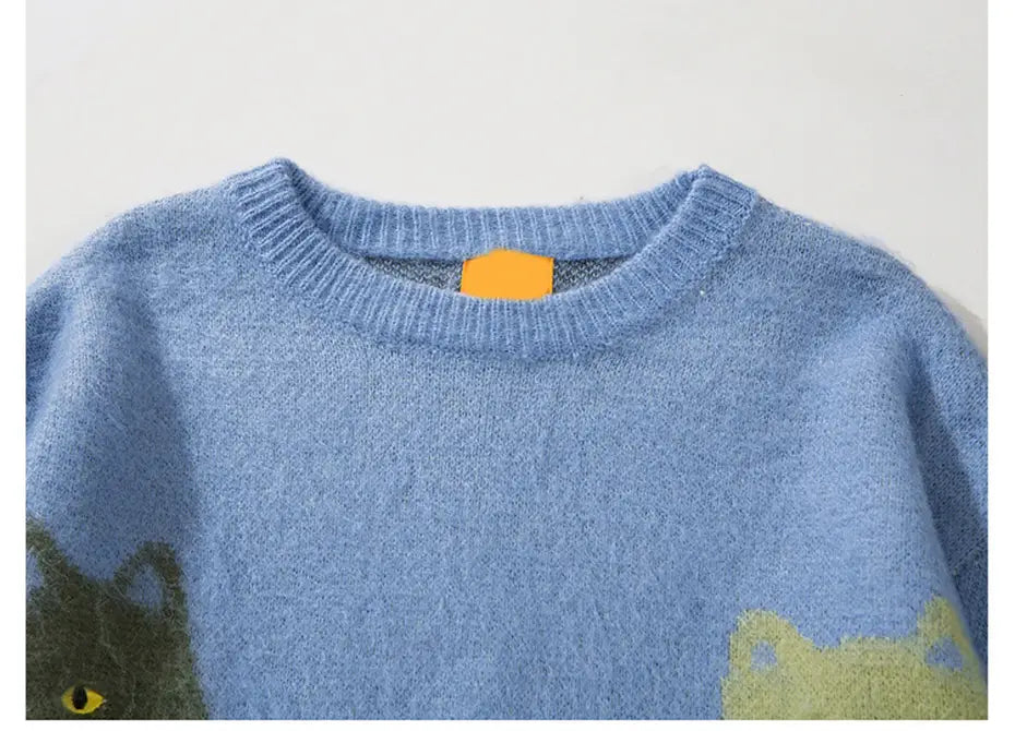 Cat Graphic Knitted Sweater Men Oversized Hip Hop Streetwear Hip Hop Pullover Sweaters Black Loose Casual Sweaters Jumper