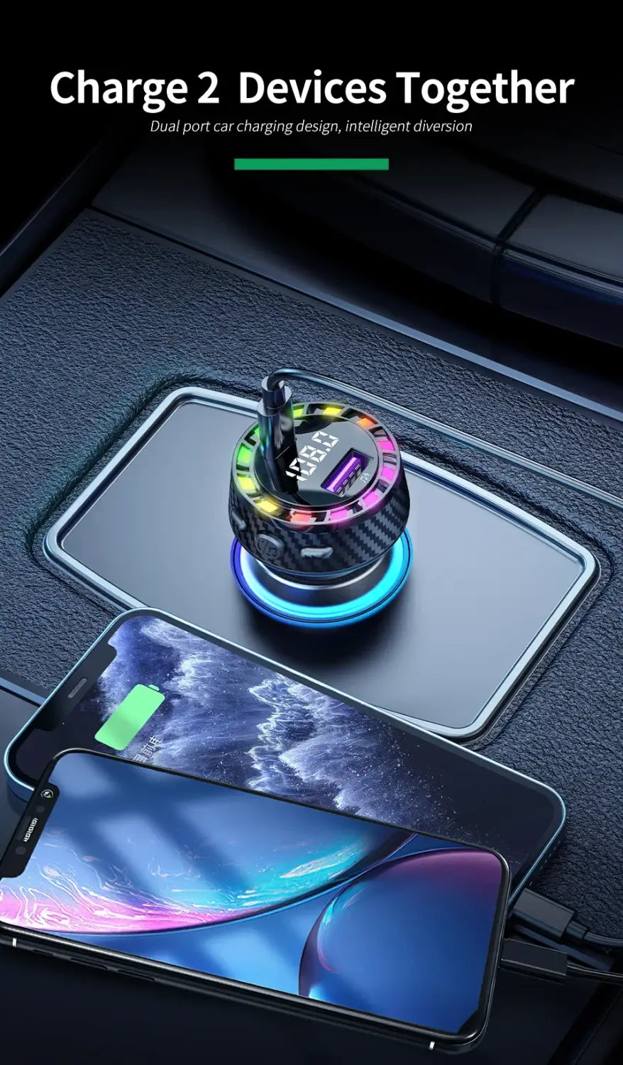 Car Bluetooth 5.3 FM Transmitter Wireless Audio Receiver Car MP3 Player 30W PD Fast Charge With Apple Type-C Port Charging Cable
