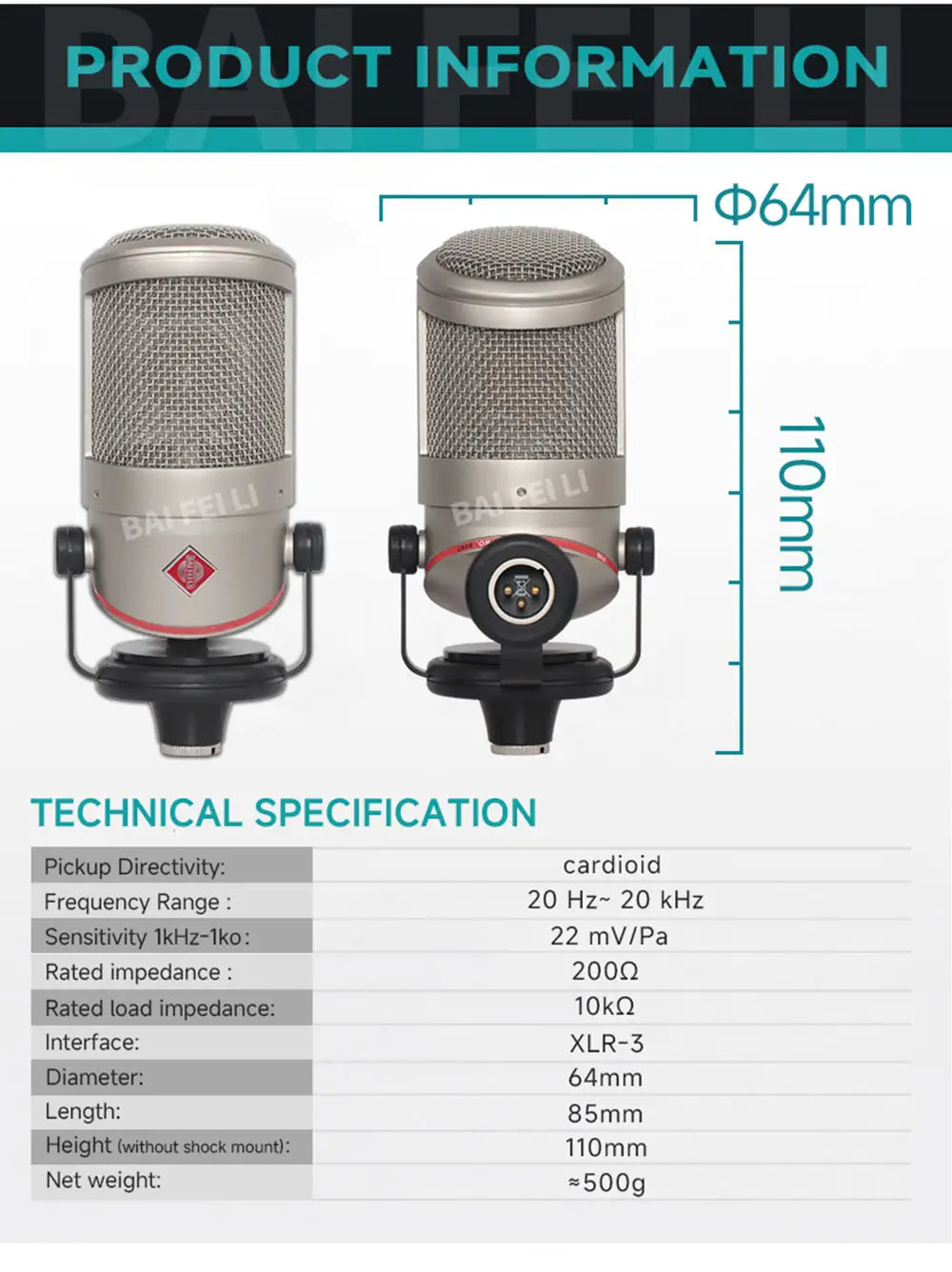 BAIFEILI BCM104 Professional Desktop Studio Condenser Microphone XLR Premium Shock Mount Design for High-Fidelity Recording