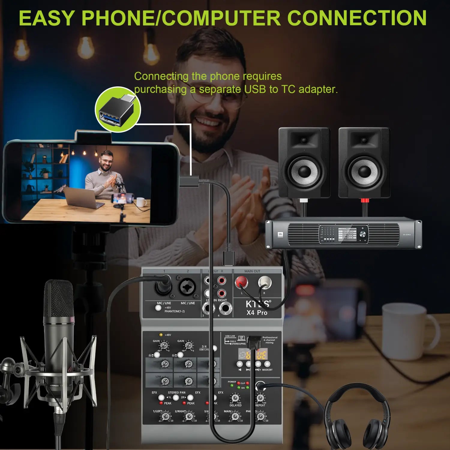 4-Channel Audio Mixer USB Audio Interface Sound Card with Bluetooth for Live Streaming Podcast Recording Home Studio