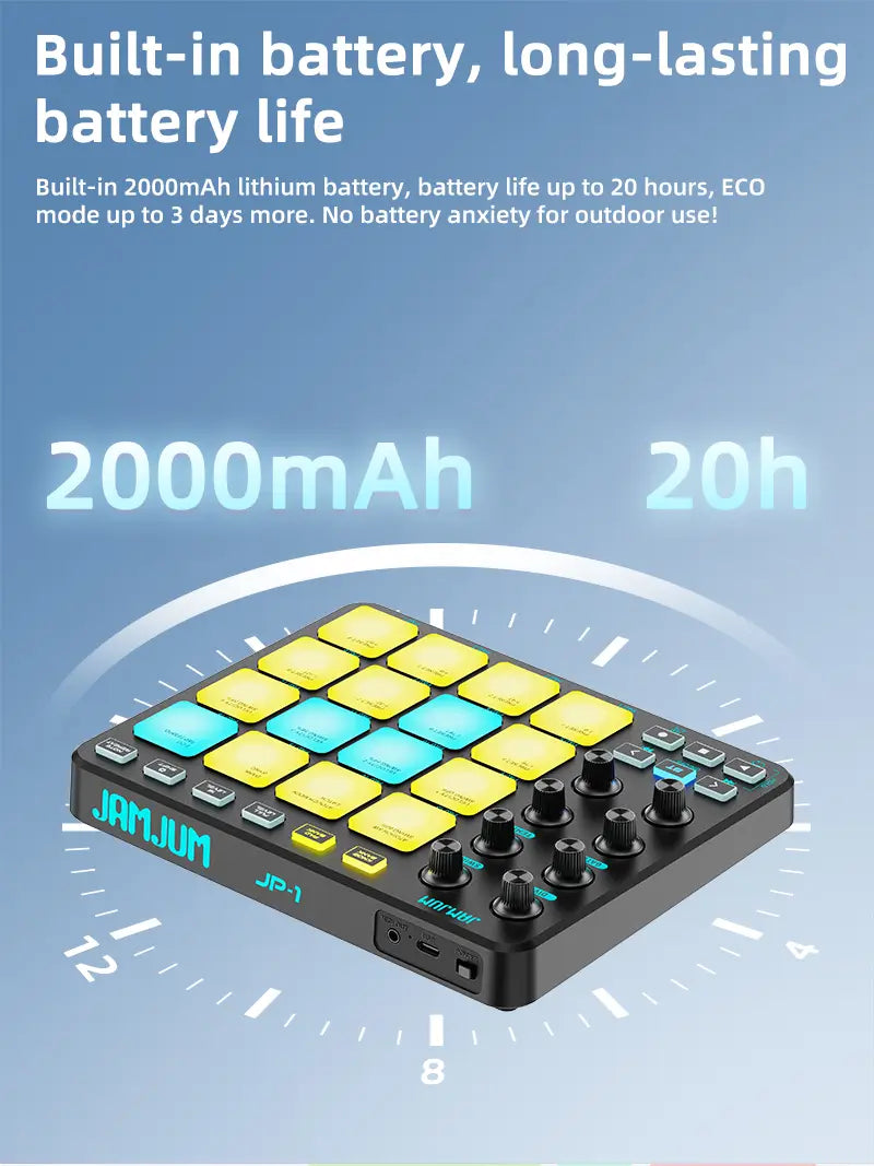 JAMJUM MIDI Controller Pad BT RGB Strike Pad Backlight MIDI Connection Low Latency 3.5mm Output Interface RGB Pad