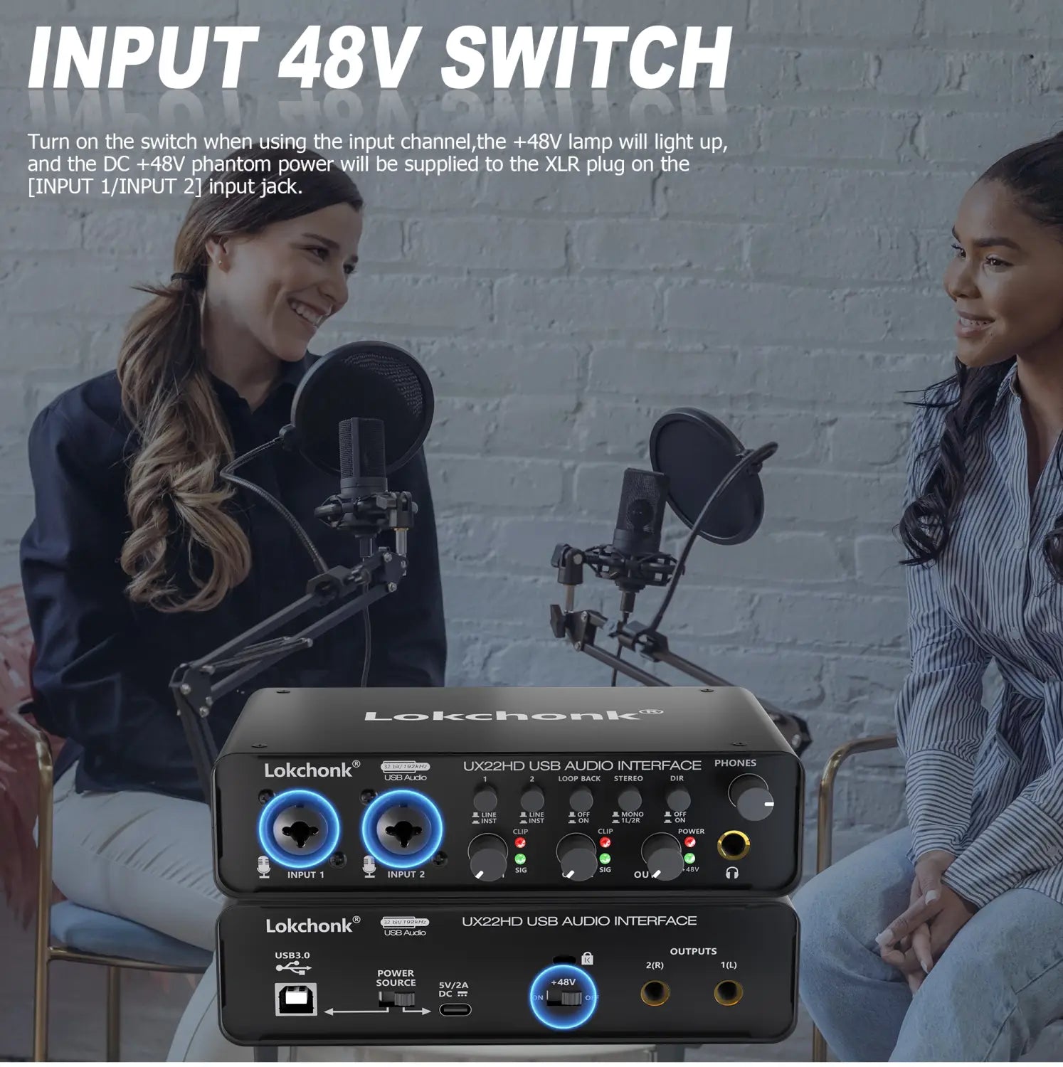 Lokchonk UX22 Audio Interface Studio Quality Recording Sound Card for Guitarist Singer Podcast Music Production