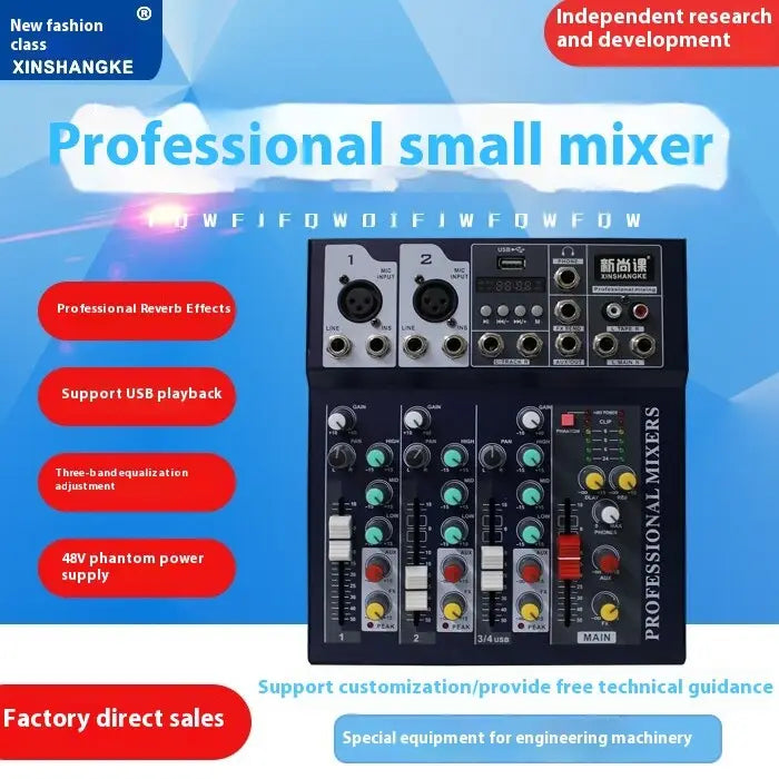 Portable Audio Mixer Systerm 2/4/5/6/7 Channel Bluetooth USB Flash Drive Recording Sound Card Live Broadcast Amplifier Mixer