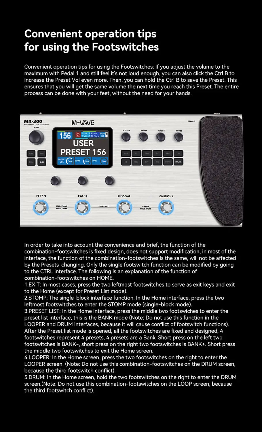 M-VAVE MK 300 Guitar Multi-Effect Processor ANN Neural Modeling 120AMP,360FX,10h Battery,150s STEREO LOOPER,128 Drum MIDI DAW