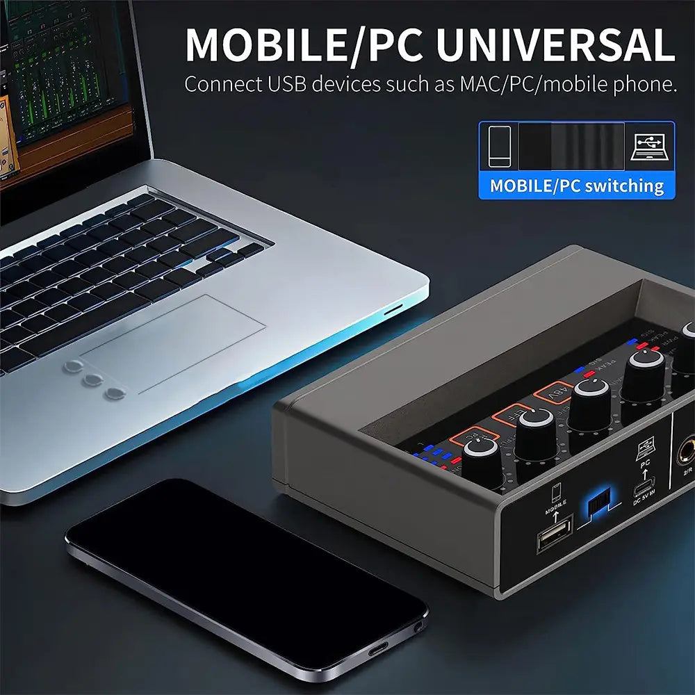 Audio Interface 16-bit/48kHz chip USB 2.0 Interface for Mac PC Music Interface with 48V Phantom Power Ideal for Beginner