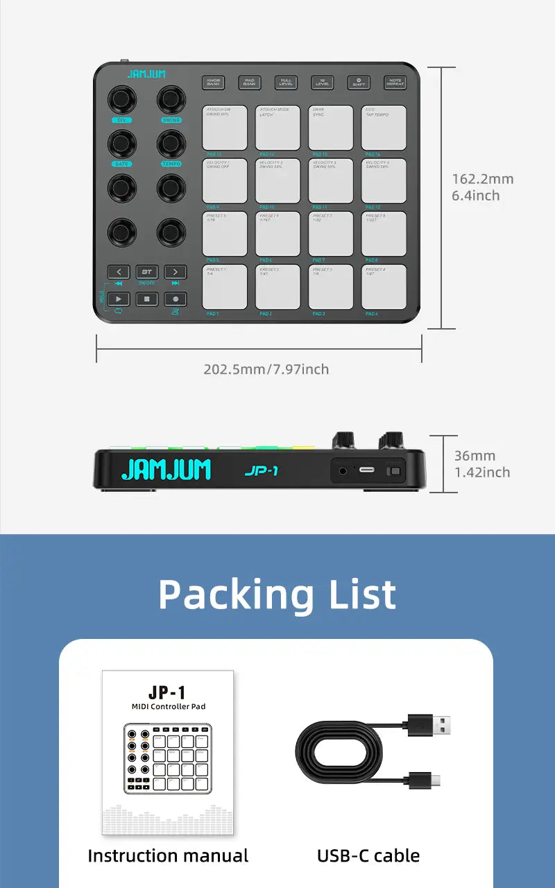 JAMJUM MIDI Controller Pad BT RGB Strike Pad Backlight MIDI Connection Low Latency 3.5mm Output Interface RGB Pad
