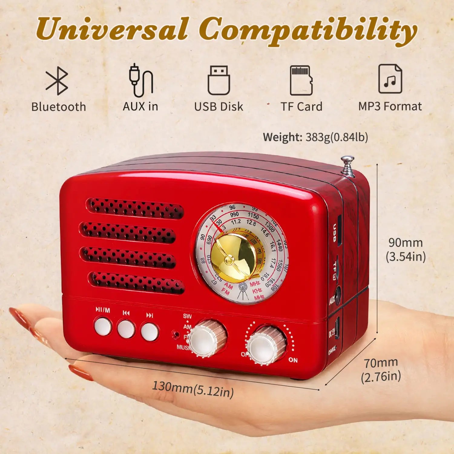 PRUNUS J-160 Classical Retro FM AM Desktop Radio Receiver Rechargeable Portable MP3 Radios Stereo 3W Bluetooth Speaker AUX USB