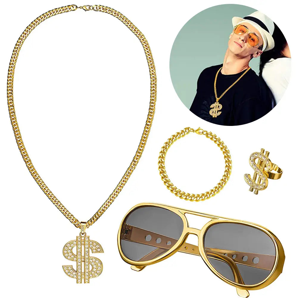 80s 90s Costume Outfit Set Big Gold Chain 80s/90s Rapper Accessories Glasses Bracelet Hip Hop Fancy Dress Costumes for Men Women