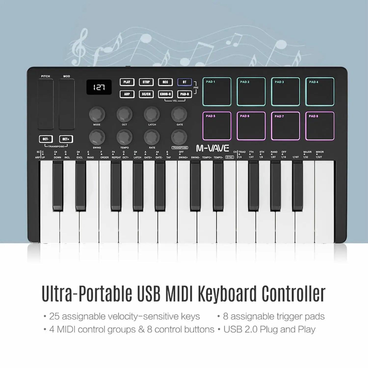 M-VAVE SMK-25 MIDI Keyboard Controller With 25 Velocity Sensitive Keys 8 Backlit Drum Pads Wireless Piano Keyboard
