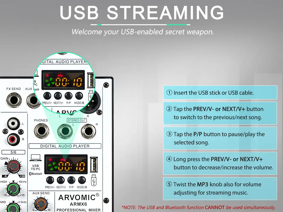 6-Channel Audio Mixer DJ Mixer with USB Audio Interface Bluetooth Function 16 DSP Effects and 3-Band EQ (ARMX-6)