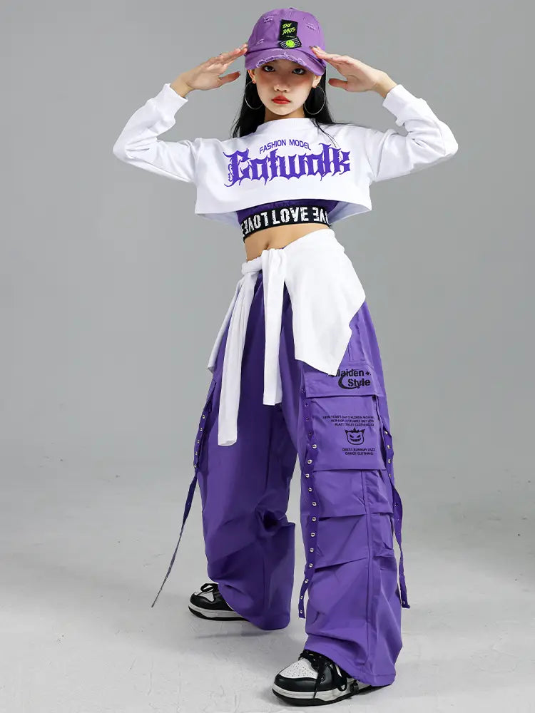 Hip Hop Girls Fashion K-pop Crop Top Purple Cargo Pants Children Street Dance Outfits Kids Streetwear Group Jazz Clothes Sets