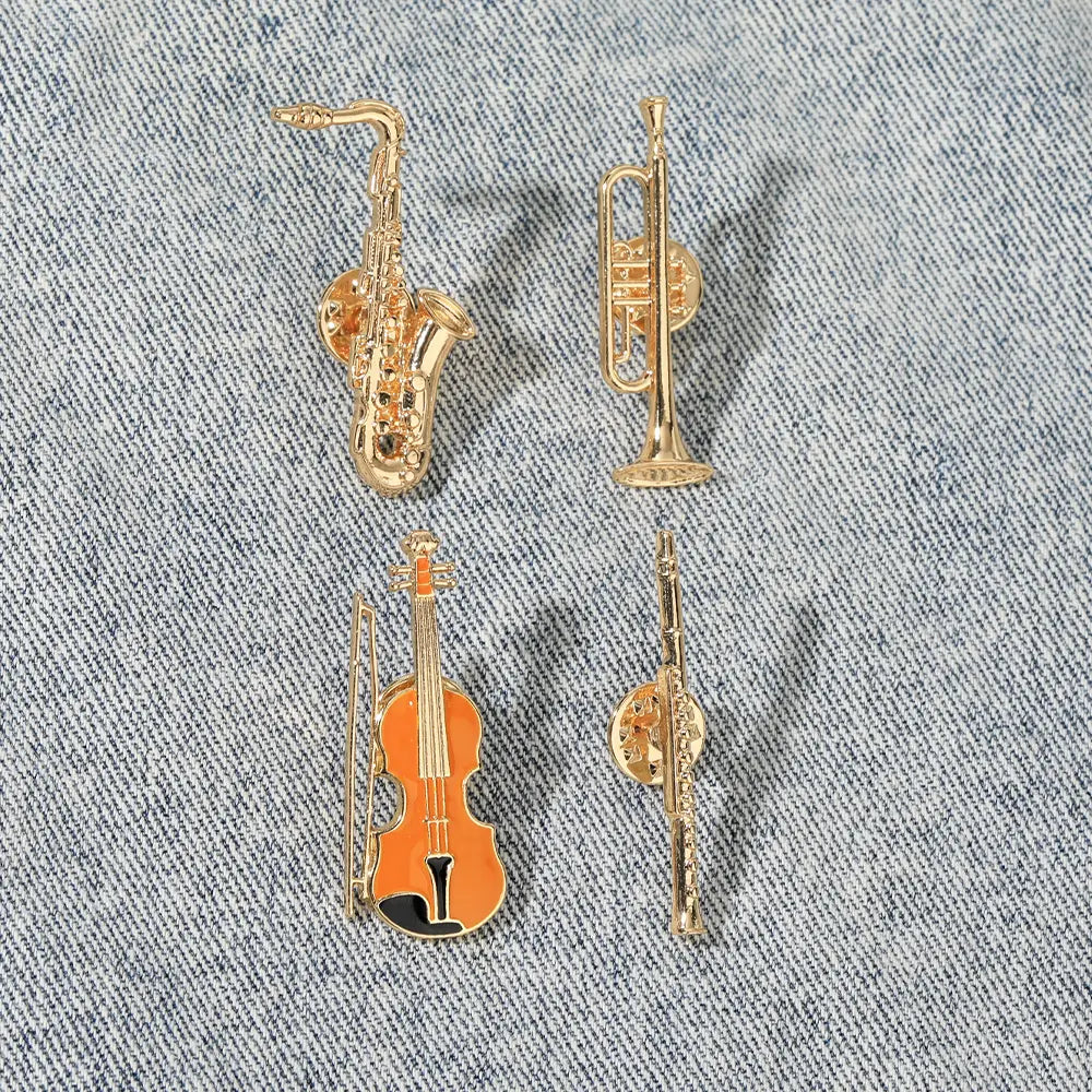 4Styles Classic Trumpet Flute Violin Sax Shaped Golden Pins Musical Instrument Cello Design Brooches Music Theme Badge