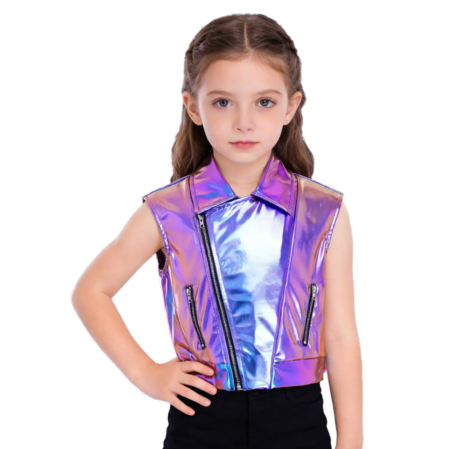 Kids Boys Girls Hip Hop Jazz Dance Performance Costume Turn-Down Collar Vest Zipper Metallic Jacket Tops Sleeveless Outerwear