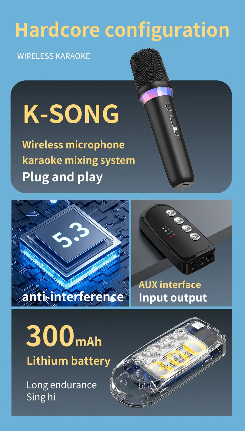 DS-K2 Karaoke Companion Bluetooth 5.3 Wireless Dynamic Microphones RGB Colorful Light Stereo DSP Mixer System For Wired Speaker