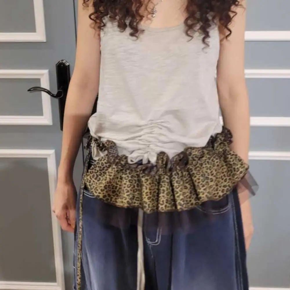 Hip-hop Leopard Print Hip Scarf Skirt Sweet Mesh Ruffled Edge Waistband Y2K Shirt Extender Layer Outfits Belt Jeans Decor