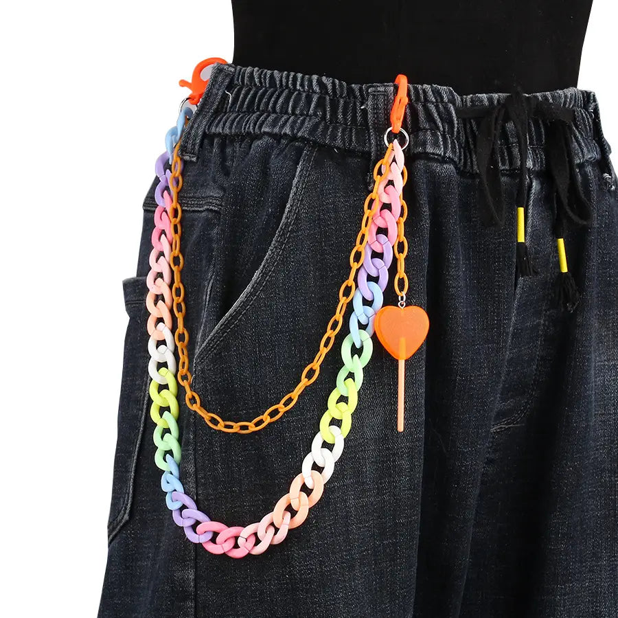 Hip Hop Rainbow Resin Chain Keychain Men Women Waist Chain Multicolor Acrylic Heart Lollipop Pants Trousers Chain Punk Jewelry