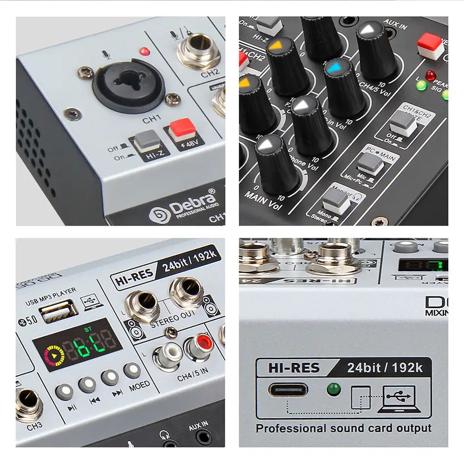 Debra Professional 24bit 192K USB Studio Recording Audio Interface DJ Console Noise Cancelling Function for Sound Card Mixer