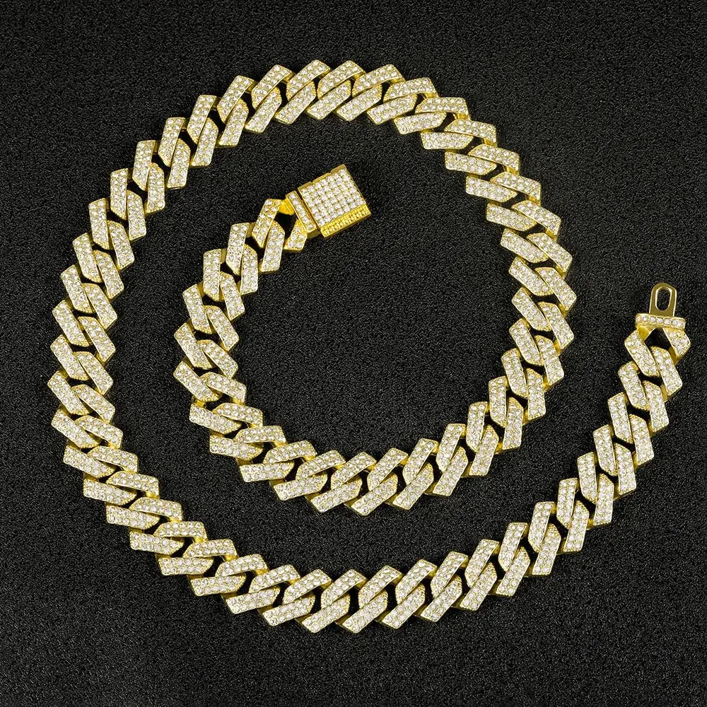 16mm Hip Hop Miami Cuban Link Chain Set Necklace +Bracelet Creative Iced Out Shiny Trendy Stylish Jewelry For Women Men set