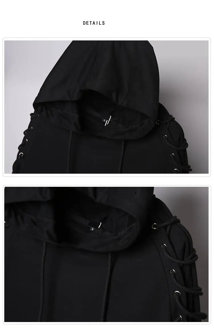 Punk Drawstring Sleeve Hooded Pullover Harajuku Techwear Hoodies Sweatshirts Mens Loose Hoody Clothing Hip Hop Streetwear