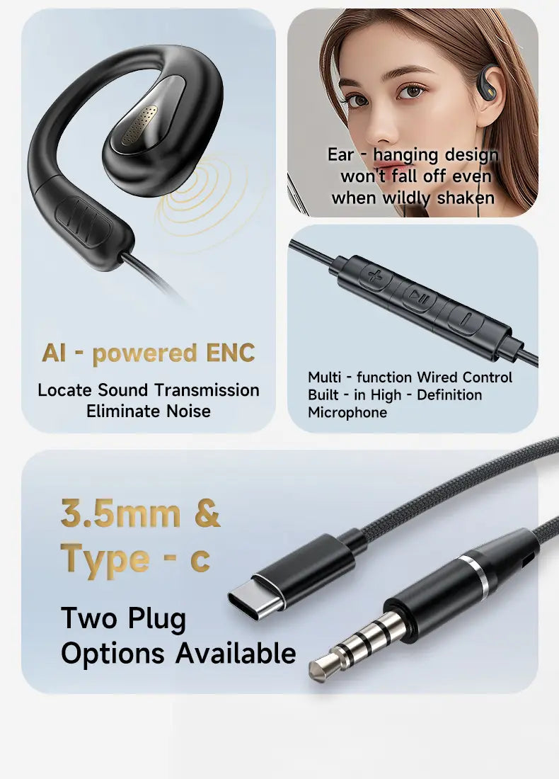 NEW Clip-on Type C&3.5mm Wired Control Headphone 9D Surround Sound Earbuds Sports Headsets ENC Earphones With HD Mic For Samsung