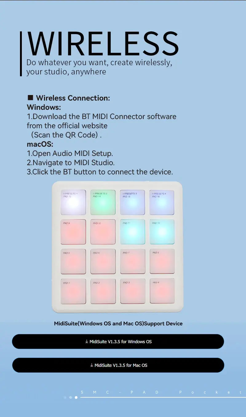 M-VAVE SK-16 SMC-PAD Pocket Pad Portable Wireless MIDI Controller 16 Pads Suitable Percussion Keyboard USB-C Interface