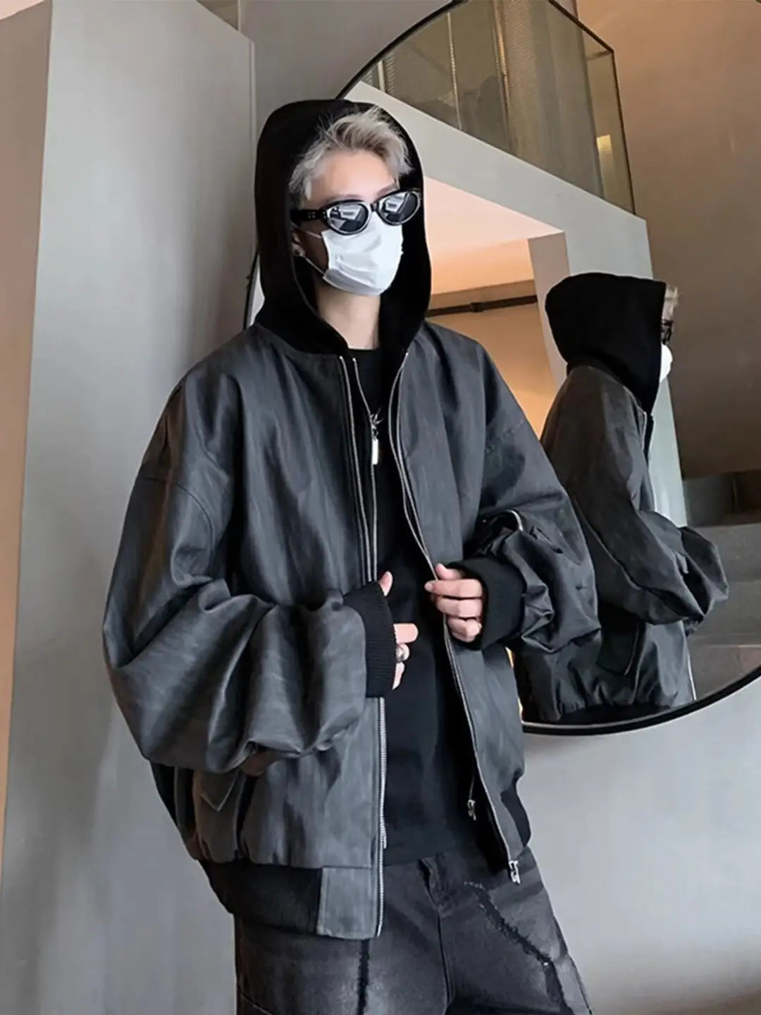 Hip Hop Style Fake Two-Piece Men’s Spring Autumn Baseball Jacket Pilot Coat Leather Shirt Trendy Handsome Hooded Coat