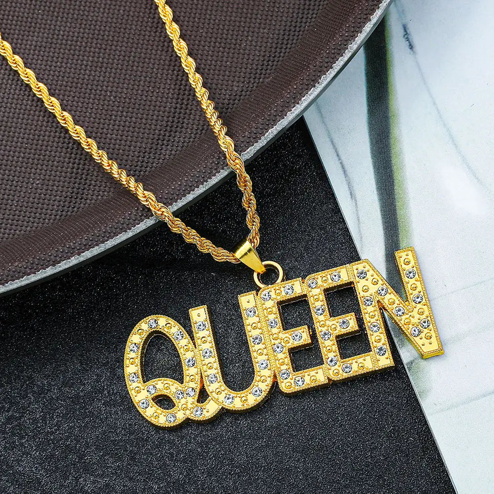 Men’s Hip Hop King Queen Pendant Necklace Full Rhinestone Bling Iced out Cuban Link Chain Fashionable Jewelry Gift