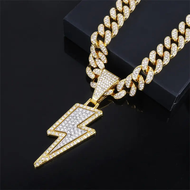 Hip Hop Full Purple Cz Zircon Lightning Pendants Necklace With 20inch Iced Out Miami Cuban Chain Rapper Party Wear Jewelry