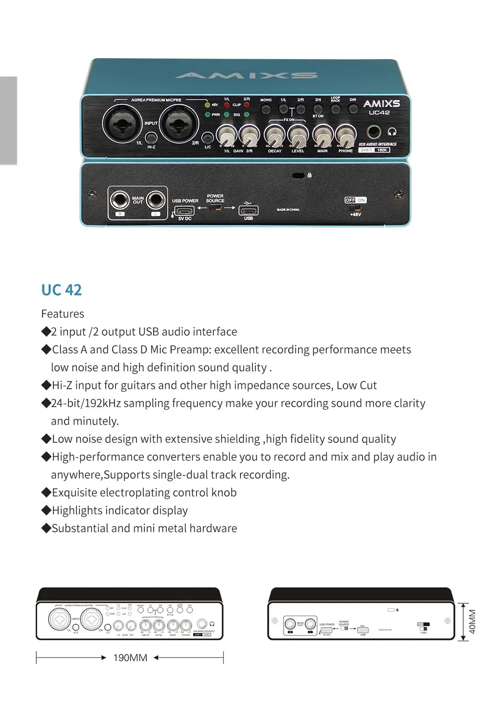 AMIXS UC42 Audio Interface for Recording Computer Free Drive USB External Sound Card for Pc Audio Equipment Professional Video