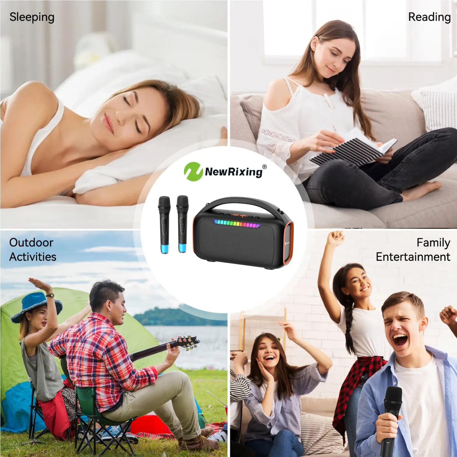 Karaoke machine with 2 mics,portable karaoke system,RBG light,30W,automatic connection when turned on,For BT5.3/USB/TF/AUX