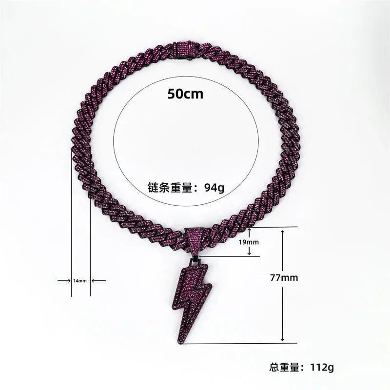 Hip Hop Full Purple Cz Zircon Lightning Pendants Necklace With 20inch Iced Out Miami Cuban Chain Rapper Party Wear Jewelry