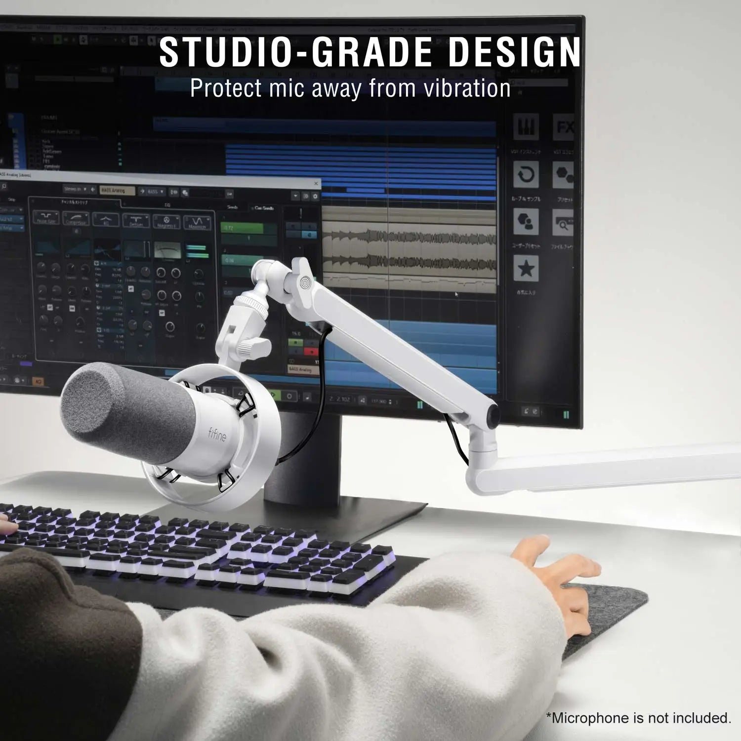 FIFINE Microphone Boom Arm Adjustable Low Profile Mic Arm with Desk Mount Clamp,Cable Storage for Streaming Gaming-White BM88W