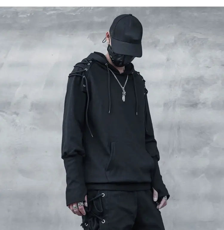 Punk Drawstring Sleeve Hooded Pullover Harajuku Techwear Hoodies Sweatshirts Mens Loose Hoody Clothing Hip Hop Streetwear