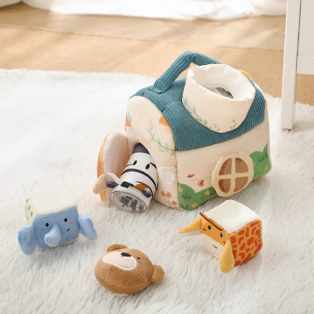 Baby Montessori Toy Plush Barn with Farm Animals Musical Touch Sensory Toys Portable Baby Farmhouse Cognition Toy for Infants