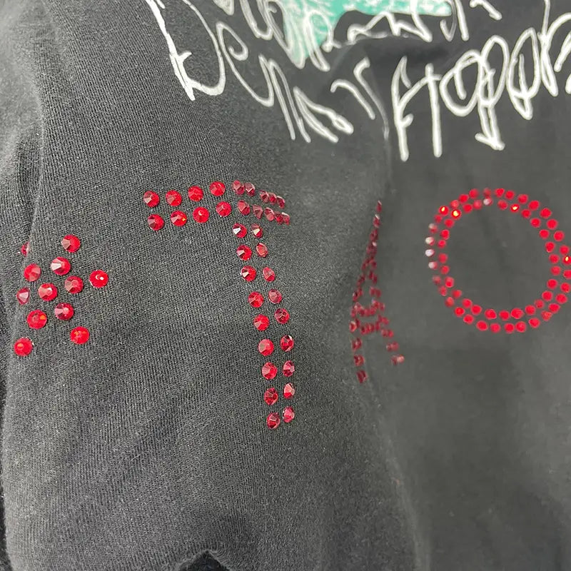 Hip Hop Letters Graffiti Vintage Washed Black Damaged Hole Paly T-Shirt Men Women Box Graphics Rhinestone T Shirt Cotton Tee