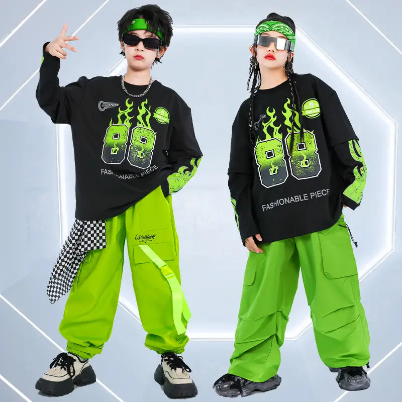 Korean Teenager Hiphop Rapper Clothes Outfit Top And Bottom Clothes Set Children Hip Hop Style Streetwear Costume Stage Wear Boy